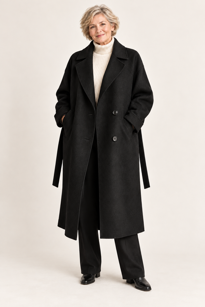 Women's Belted Wool Blend Long Coat — full front on model