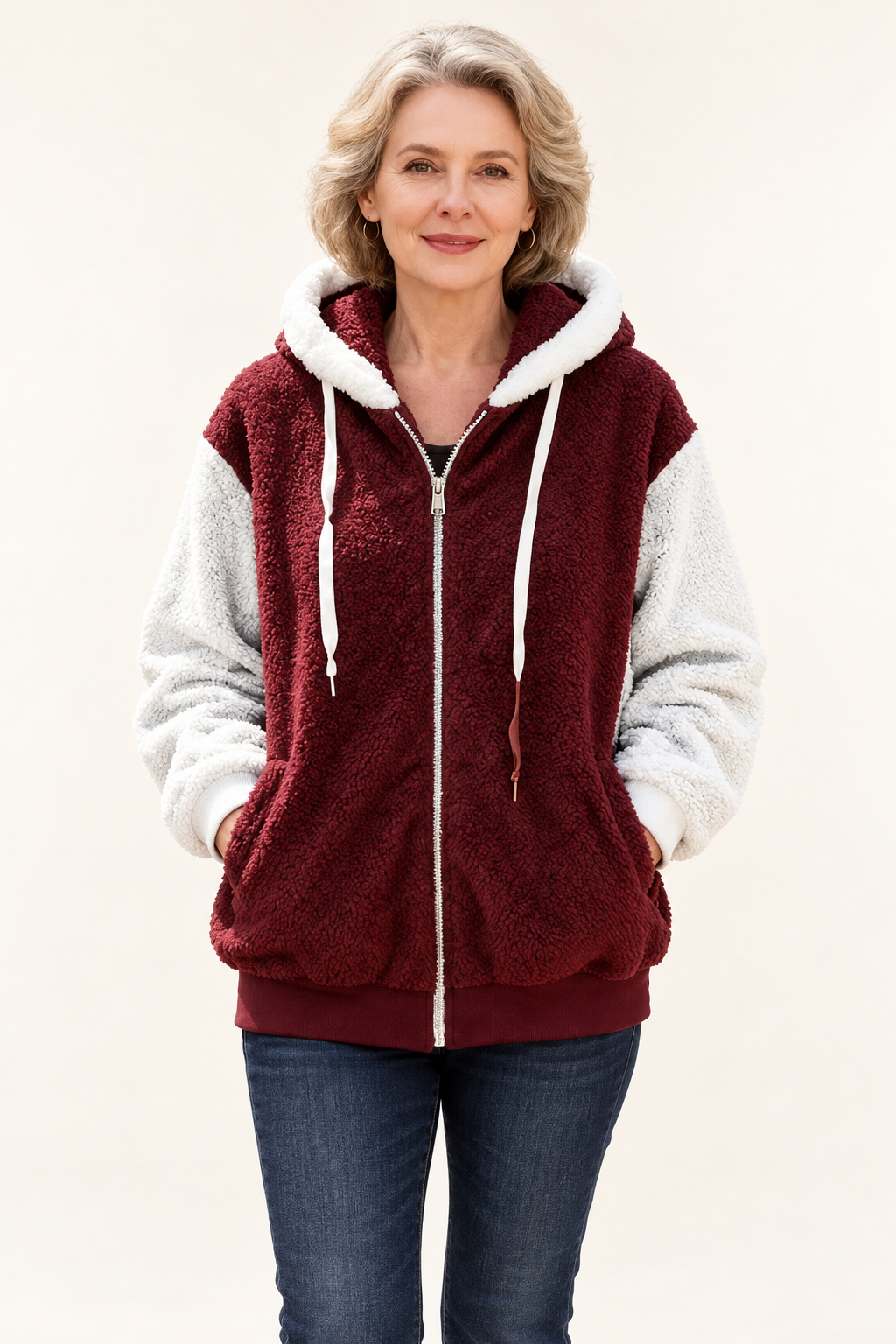Women's Hooded Zip-Up Fleece Jacket — front on model