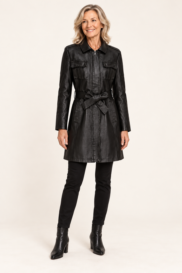 Women's Long Faux Leather Coat with Pockets — front on model