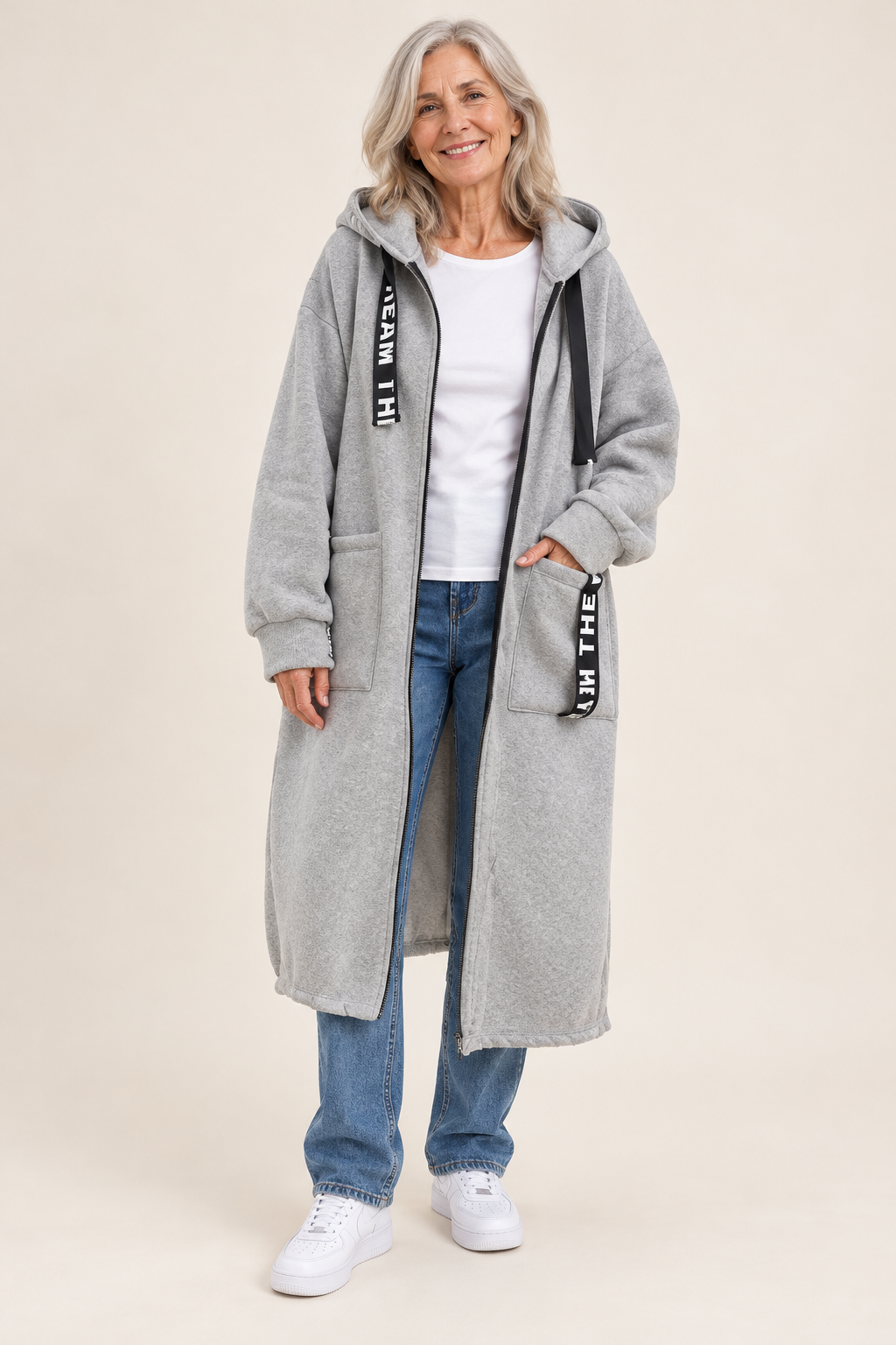 Women's Long Hooded Sweatshirt Coat — front on model
