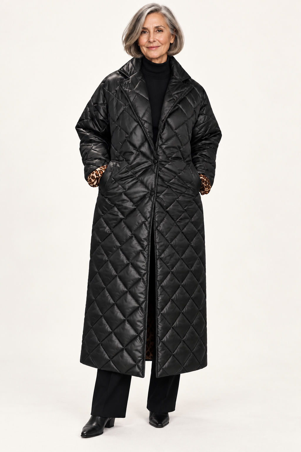 Women's Reversible Quilted Coat — full front on model